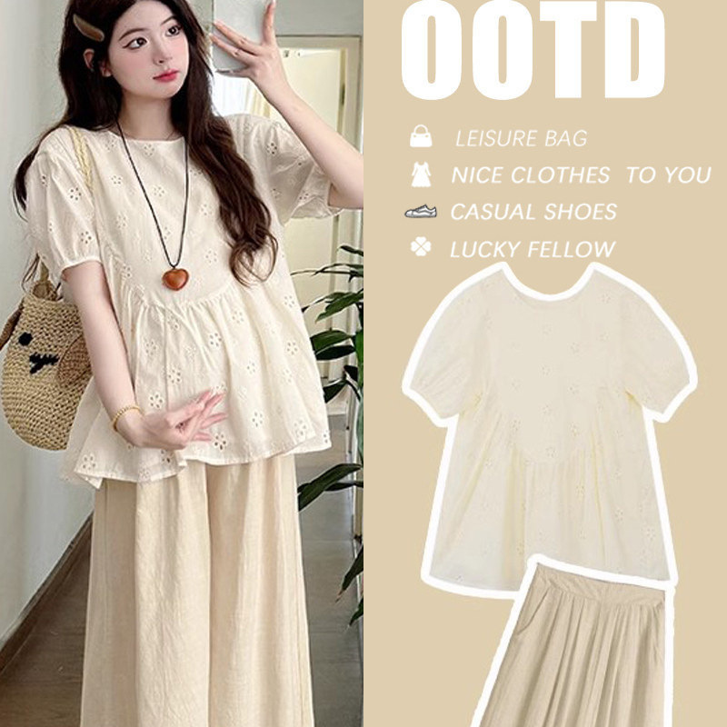 Sweet and Youthful Summer Maternity Outfit Set, Stylish Loose Short-Sleeve Babydoll Shirt, Pregnancy Top, and Belly Support Pants