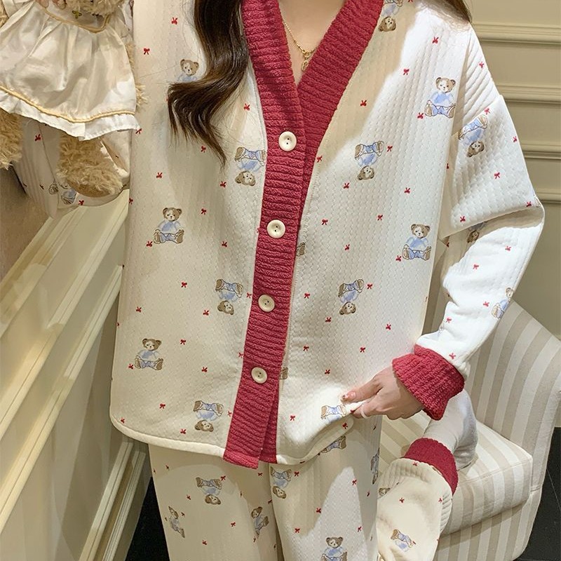 Al por mayor transfronterizo otoño y invierno nuevo pijama de mujer engrosado cardigán intercalado de aire V-cuello manga larga dulce conjunto de ropa para el hogar