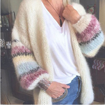2021 New sweater striped mohair cardigan European and American autumn and winter knitted long-sleeved coat cross-border women's clothing_voghion.com