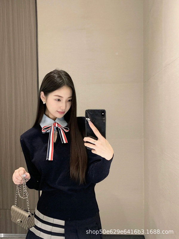 tb学院风假两件衬衫领毛衣收腰设计感毛针织衫上衣秋冬款外穿女|undefined