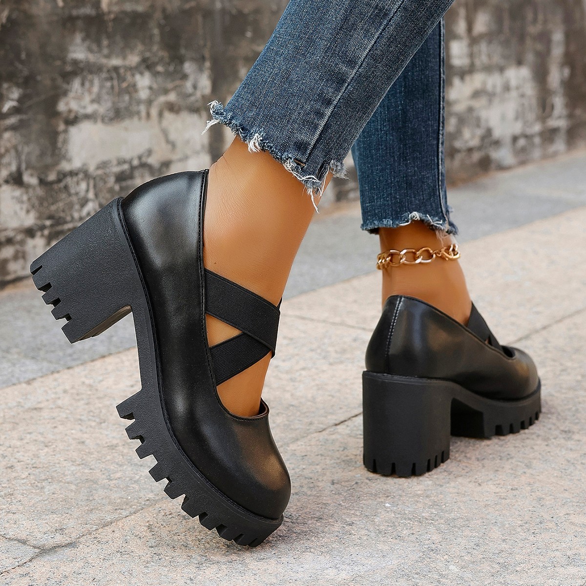 Professional Women's Crisscross Elastic High Heeled Shoes plus Size Chunky Heel Autumn New Style Dress Shoes_voghion.com
