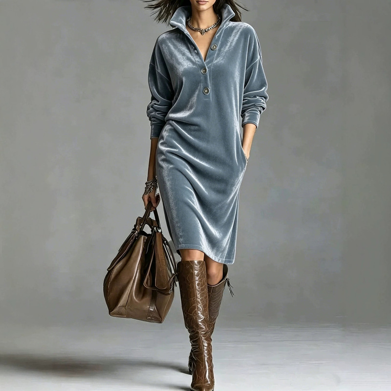 European and American cross-border e-commerce: 2026 autumn/winter new collection of women’s clothing – button-down, loose-fitting, straight-cut, mid-length velvet dress European and American cross-border e-commerce: 2026 autumn/winter new collection of women’s clothing – button-down, loose-fitting, straight-cut, mid-length velvet dress