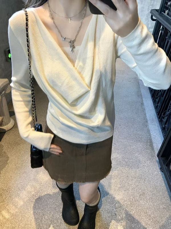 纯欲荡领露锁骨针织衫女秋冬高级感穿搭显白辣妹褶皱修身长袖上衣|undefined