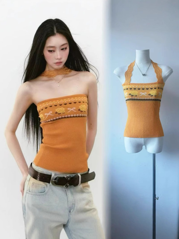 レースホルターネックパッチワーク美しいバックベストチューブトップ女性のための夏の新しいアメリカンスリムフィットデザイントップアウターウェア女性のための|undefined