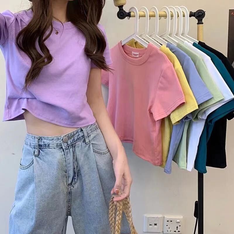 100 Cotton Navel-exposed Short-sleeved Slim-fit Women's Summer Short T-shirt Fresh and Loving Style Navel-leaking High Waist Short Women's Top