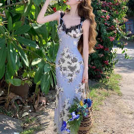 御姐风性感V领紧身包臀吊带裙夏季收腰印花油墨网纱连衣裙女批发