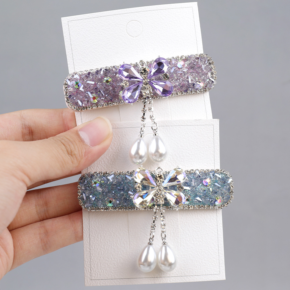 Bluesy Style ~ Blue and Pink Crystal Butterfly Hair Clip with Pearl Pendant Side Clip, High-End Hairpin for Bangs and Hair Accessories for Women
