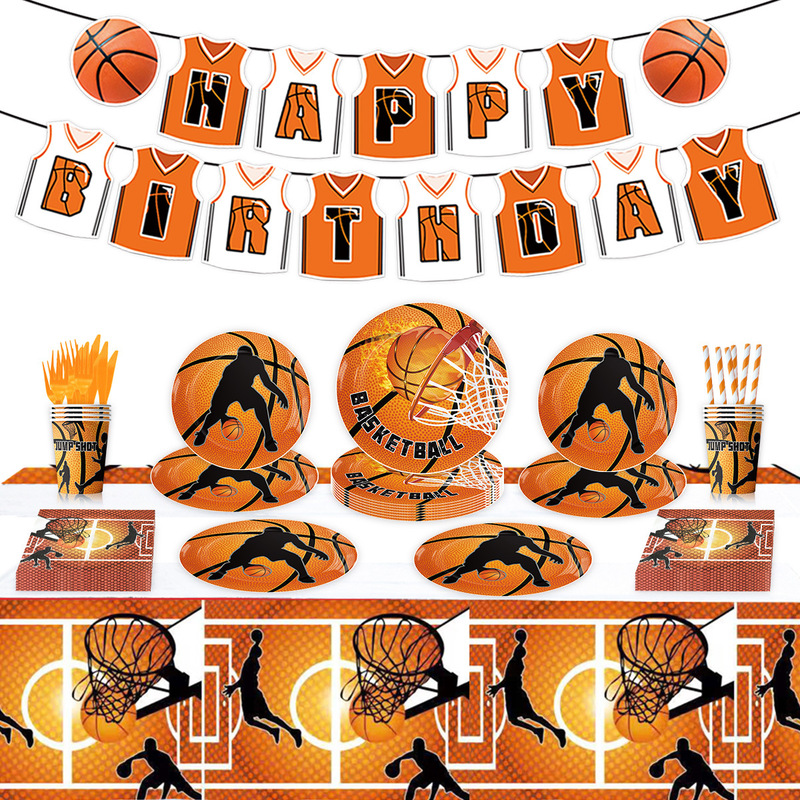 Basketball theme birthday party decoration flag boy cake card balloon arrangement party tableware paper plate paper cup