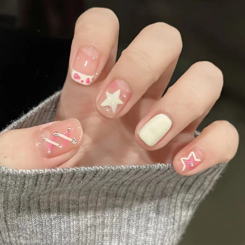 Cute Star French Nail Art Short Wearing Nail Nail Pieces Gentle White Fake Nail Removable Finished Nail Pieces Cute Star French Nail Art Short Wearing Nail Nail Pieces Gentle White Fake Nail Removable Finished Nail Pieces