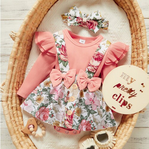 Foreign trade cross-border infants and toddlers pure color triangular haricot long-sleeved onesie with print belt dress headscarf set dress