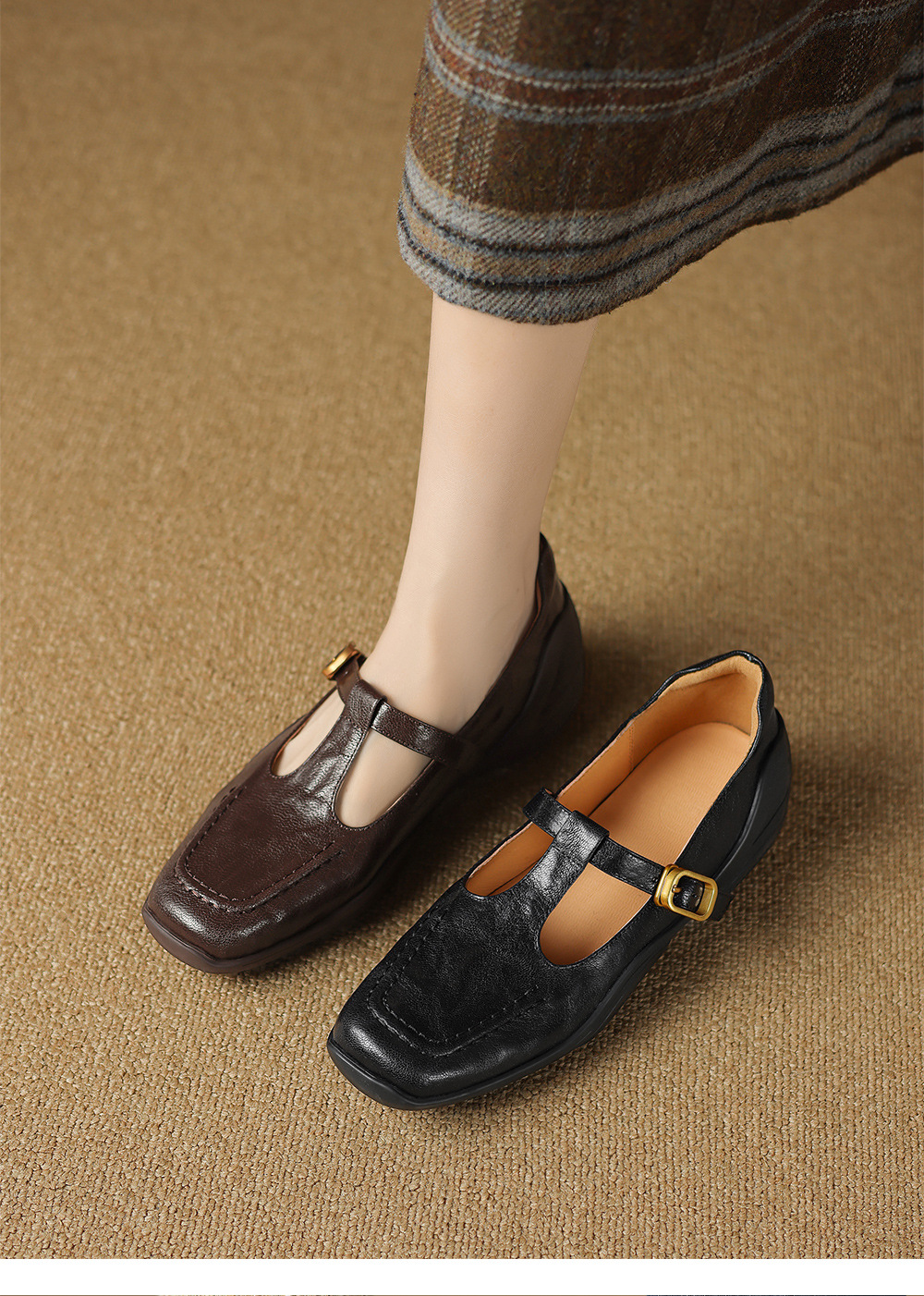Giày sandal nữ quai ngang mũi nhọn đế dày da cừu buộc dây — màu nâu chi tiết 1