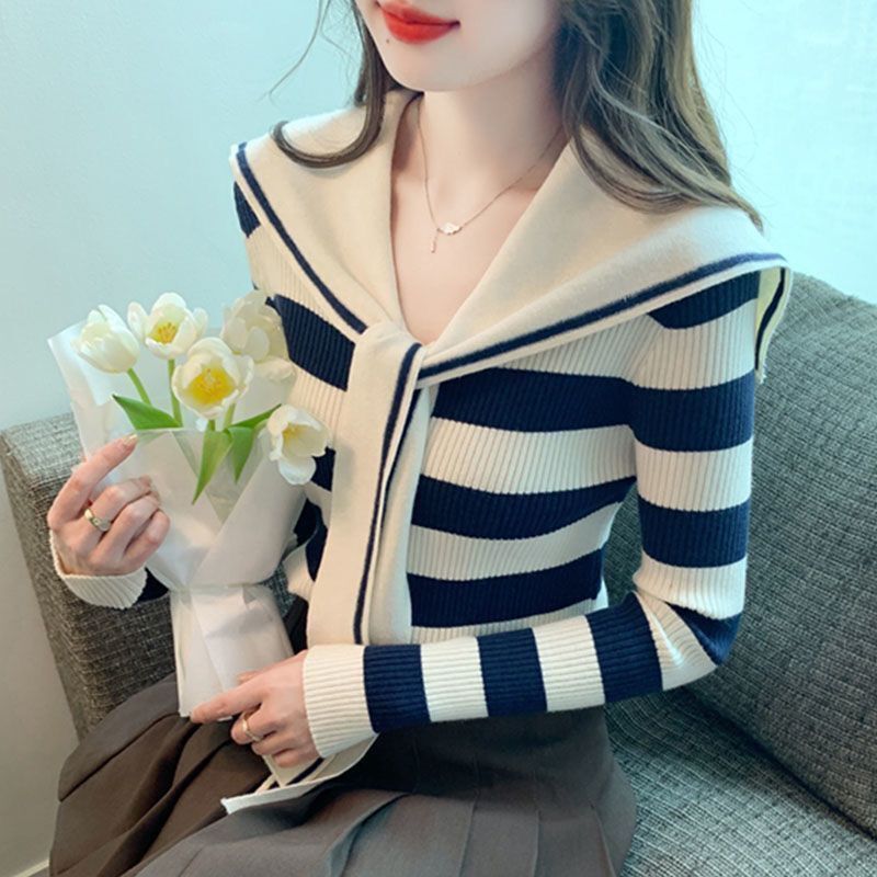 Pure Desire College Navy Striped Sweater Cardigan Autumn and Winter New Long Sleeve Sweater Versatile Top
