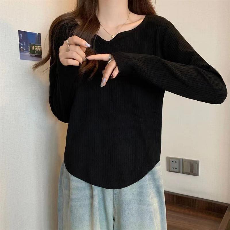 2025大码遮肚子正肩长袖V领打底衫女秋冬装胖妹妹不规则显瘦上衣|undefined