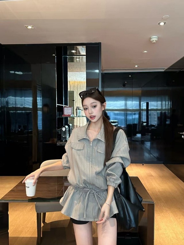 2025新款高级感条纹长袖拉链外套女秋季抽绳收腰显瘦翻领夹克上衣|undefined