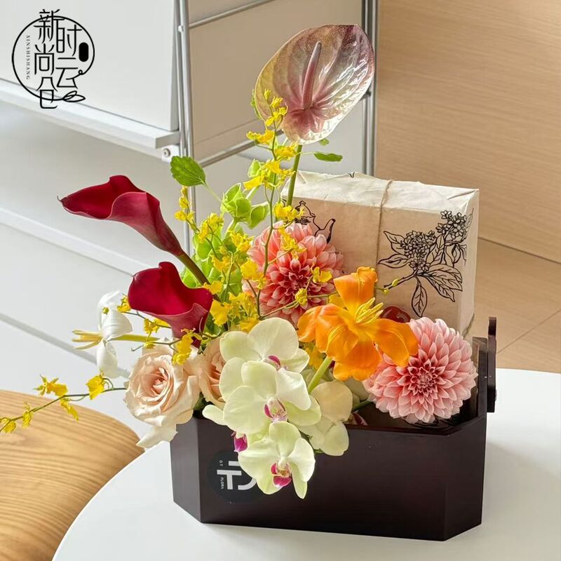 中秋新品鲜花束插花盒手提木盒花艺礼物包装花店材料竹编圆形提篮|undefined