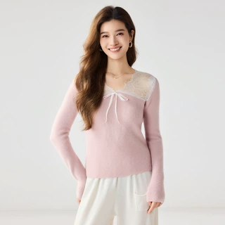 纯色山羊绒衫女V领蕾丝拼接针织毛衣秋冬新款修身打底上衣