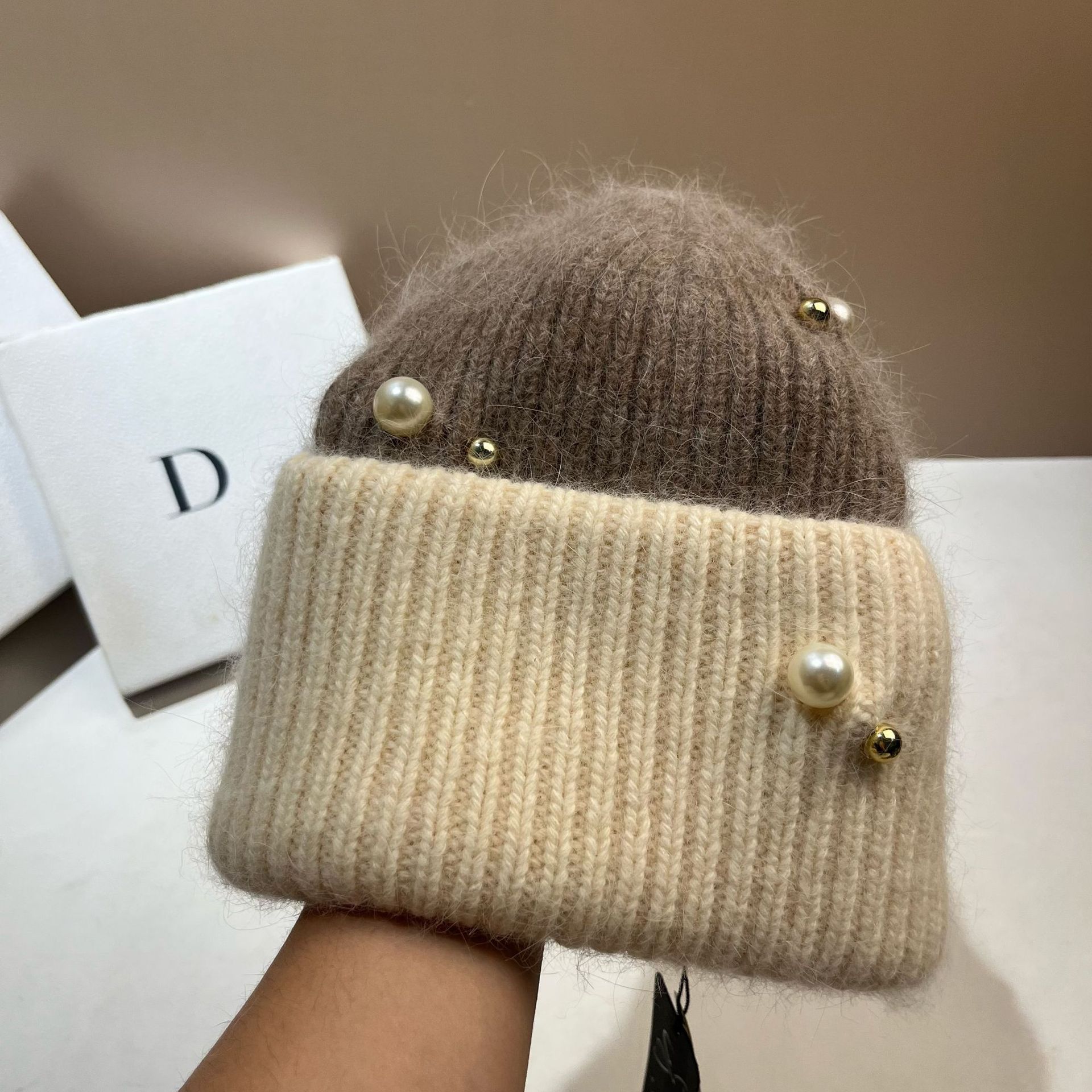 Winter Kleine Duftende Perle Farbe blockiert Warm Kalt Nordisch Dick Doppelschicht Angora Kaninchen Haar Strickmütze_voghion.com