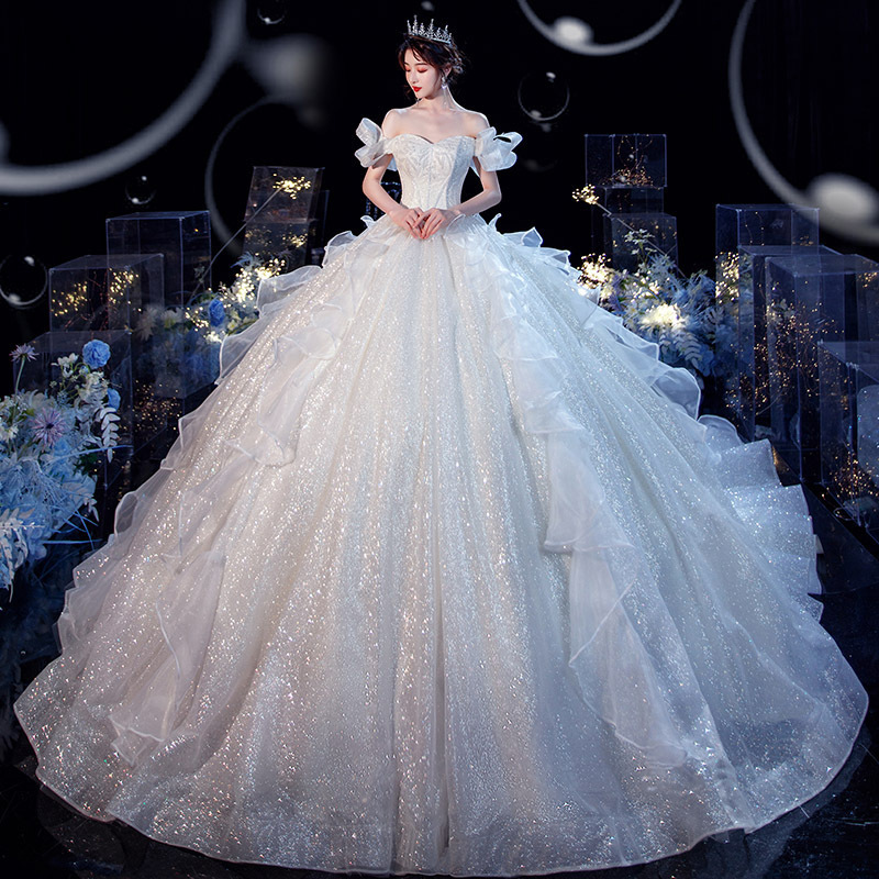 Elegante Vestido de Novia Estilo Bosque, Nuevo Modelo 2026, Cola Larga, Súper Romántico, Cielo Estrellado, Hombros Descubiertos, Vestido de Novia de Ensueño Hasta el Suelo.