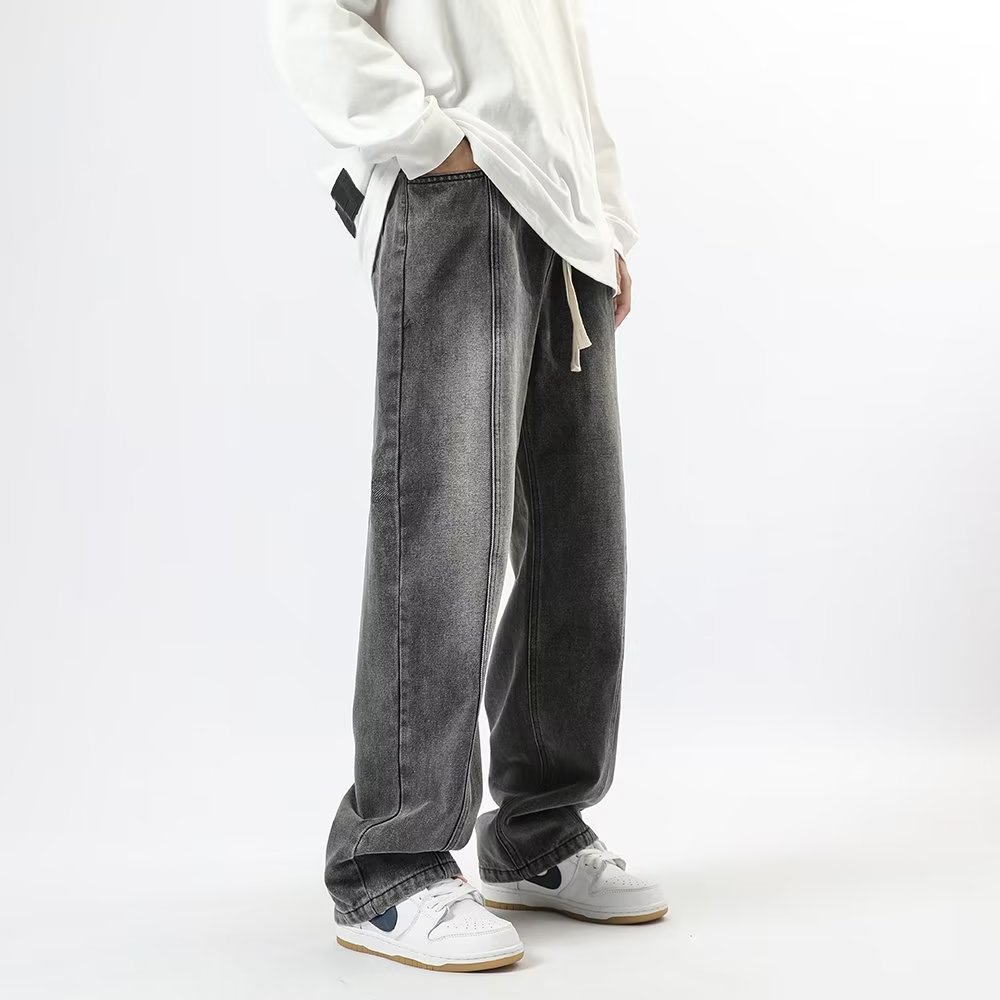 Tendencia de moda de otoño, jeans degradados, pantalones de marca de moda para hombres, pantalones anchos de trapeador sueltos rectos, denim con cordón