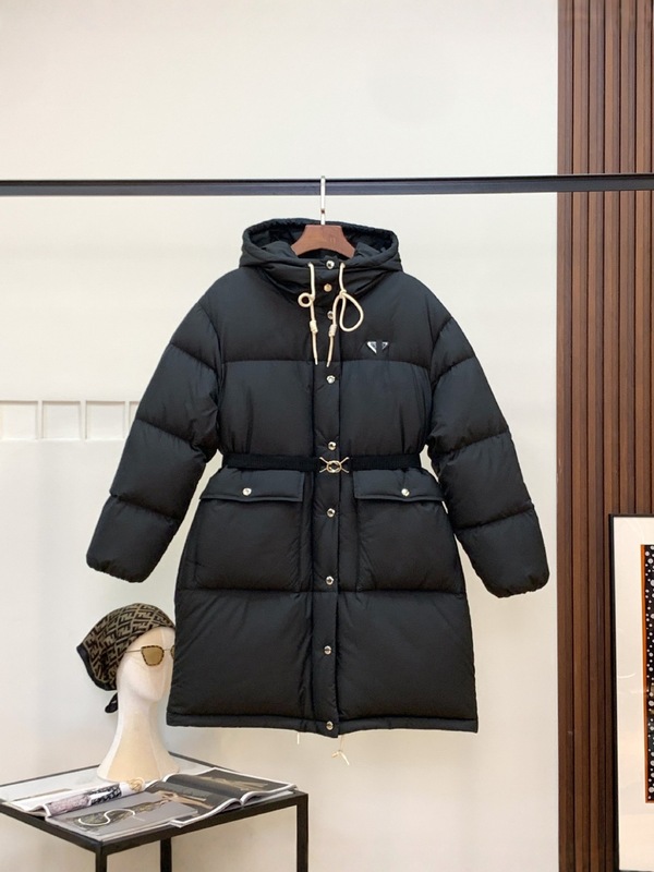2025pra家三角标款纯色冬季新款连帽羽绒服女长款加厚外套面包服|undefined