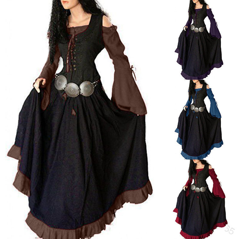 European and American Medieval Period Palace Retro Slim Fit One-Line Collar Lace-Up Large Hem Dress with Bell Sleeves European and American Medieval Period Palace Retro Slim Fit One-Line Collar Lace-Up Large Hem Dress with Bell Sleeves