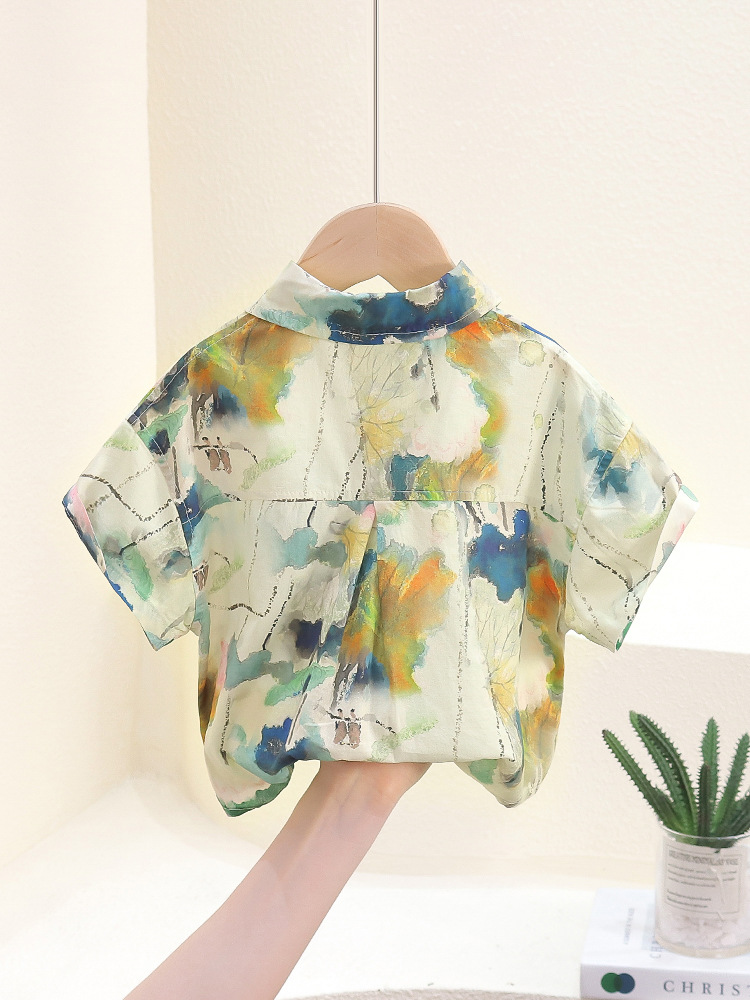 Camiseta de Verano para Niños 7847, Nuevo Estilo 2026, Camiseta Fresca con Estampado de Tinta para Niños, Top Fino de Media Manga para Bebés.