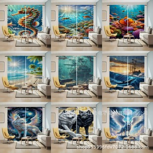 Temu Hot Selling Cross-Border Printed Blackout Curtains Marine Series Source Factory Supports Drop Shipping Suitable for Living Room and Bedroom