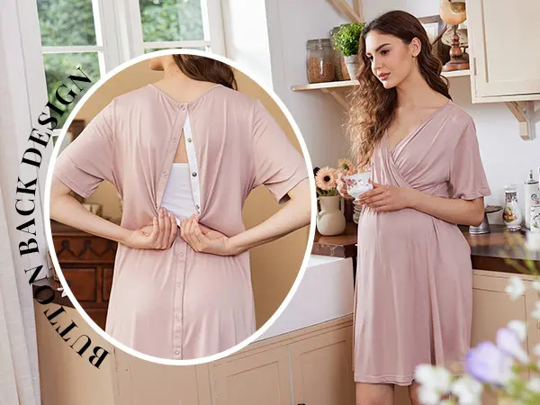 Stillkleid für Schwangere, Kurzarm, Weicher Stoff, V-Ausschnitt, Stillzugang und Einfacher Tragekomfort, Schwangerschafts- und Krankenhauskleid – Detail 3