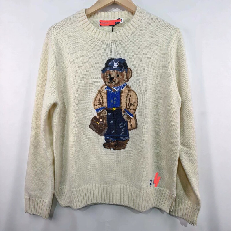 High-Quality, Scannable, Autumn and Winter Wool and Cashmere Round-Neck Knit Long-Sleeve Loose-Fitting Age-Reducing Embroidered Bear Cartoon Sweater