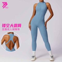 裸感速干拉鏈美背瑜伽連體服高強度顯瘦健身訓練運動緊身衣8534