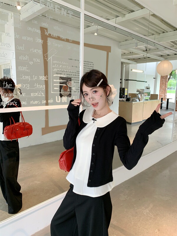 甜美风套装长袖开衫外套女娃娃领背心秋季黑色阔腿裤miu系三件套|undefined