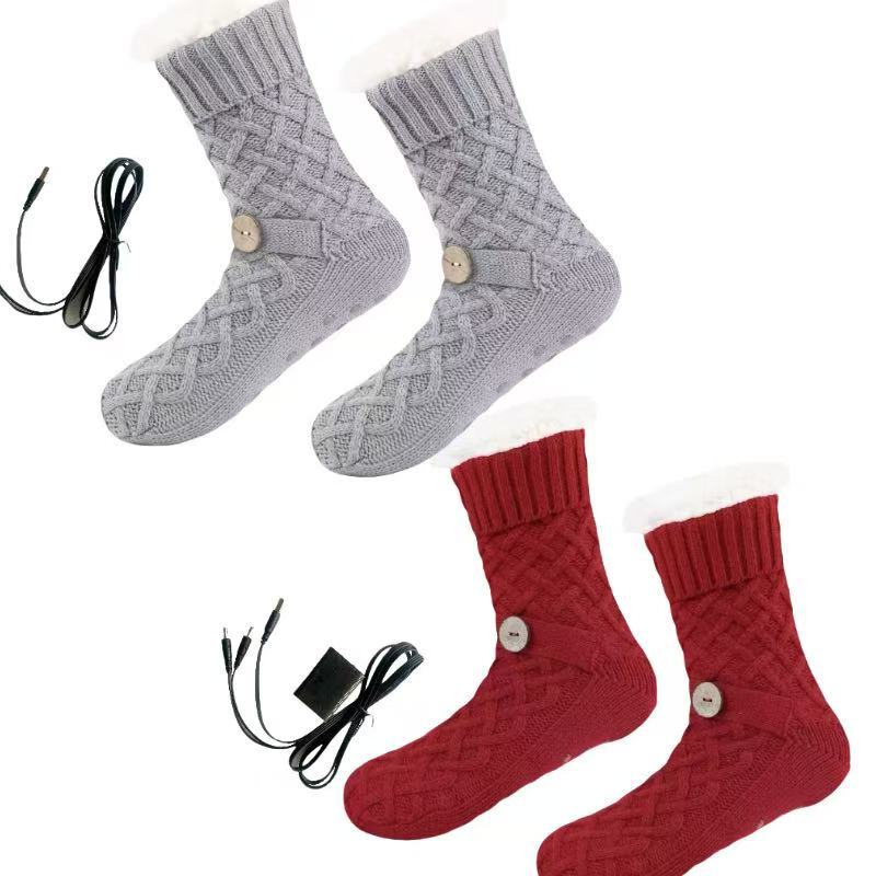 Cross-Border USB Electric Heating Extra Thick Warm Home Floor Socks Non-Slip Cold-Proof Mid-Calf Socks Fleece-Lined High Socks Foot Warmer