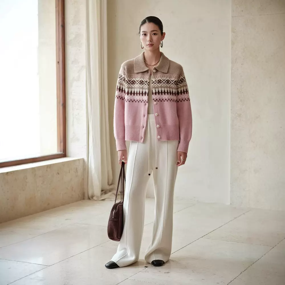 费尔岛重工提花秋冬复古加厚羊绒衫女100%纯山羊绒翻领针织开衫