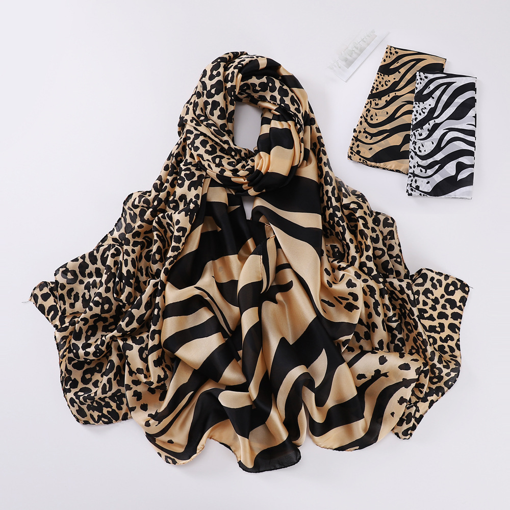 Leopard Print Patchwork Shawl Trendy Retro Style Long Silk Scarf Breathable Sunscreen Thin Women's Accessory_voghion.com