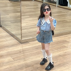 Summer 2024 Korean Version Children's Clothing New Arrival Girl's Academic Style Vertical Striped Collared Blouse with Floral Edge and Puffed Sleeve Shirt
