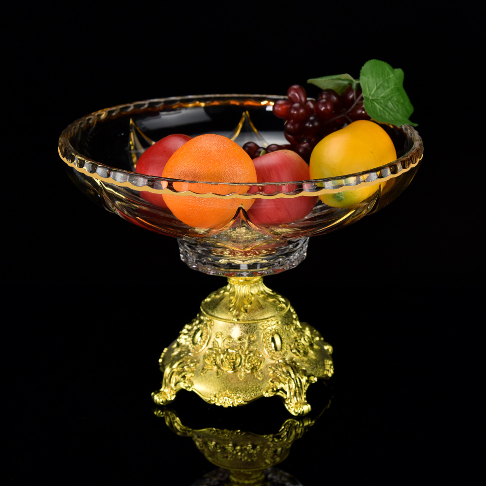 水滴花高脚描金果盘 欧式轻奢五金底座装饰摆件 描金玻璃制品特价