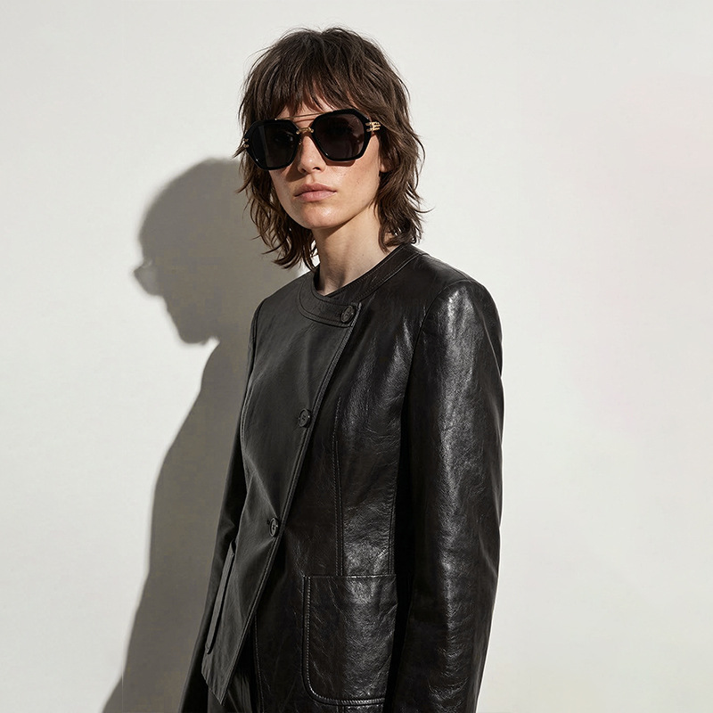 2026 Spring/Autumn Distressed Genuine Leather Jacket for Women, Retro Commuter Suit Style, Round Neck, Asymmetrical Buttons
