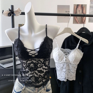Hollow Lace Camisole Women's Outer Wear Summer Pure Lust Sexy Sexy V-Neck Tube Top with Breast Pads and Beautiful Back