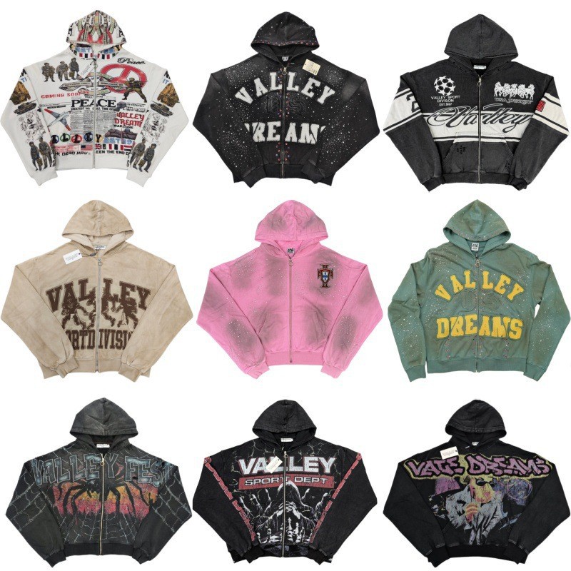 美式高品质Vale Valley卫衣潮牌高街宽松复古水洗开衫连帽外套男