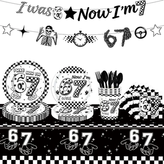67岁生日派对装饰用品黑金数字桌布餐巾一次性纸盘纸杯布置套装