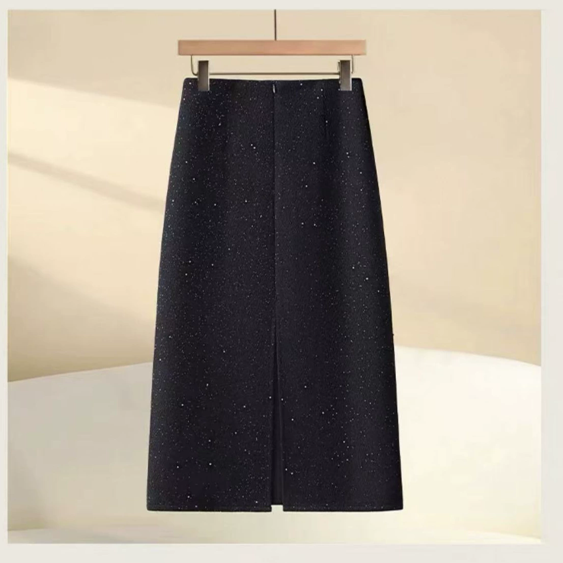 Black nail sequins, demi-season woolen skirt, new collection, hip-accented, A-line, loose straight fit