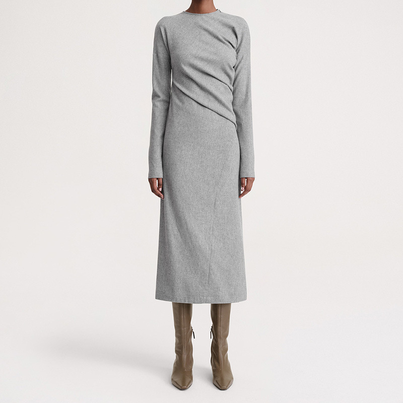 TO Light Hemp Grey Twisted Flannel Long-Sleeved Slit Dress 24 Early Spring Slim-Fit Slimming Base Skirt Mid-Length TO Light Hemp Grey Twisted Flannel Long-Sleeved Slit Dress 24 Early Spring Slim-Fit Slimming Base Skirt Mid-Length