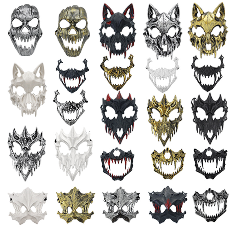 fiesta máscara de esqueleto dientes largos demonio esqueleto mitad cara máscara de lobo detrás máscara gigante disfraz de Halloween