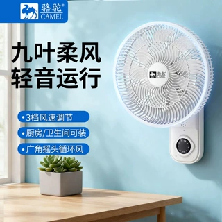 骆驼电风扇壁扇壁挂式家用大风力免打孔厨房卫生间小型挂壁循环扇