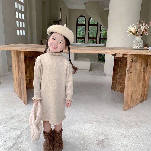 Little Girl Audrey Hepburn Style Dress Autumn/Winter New Arrival Children's Korean Version Sweet Lace Knit Dress Baby Long Sleeve Base Dress
