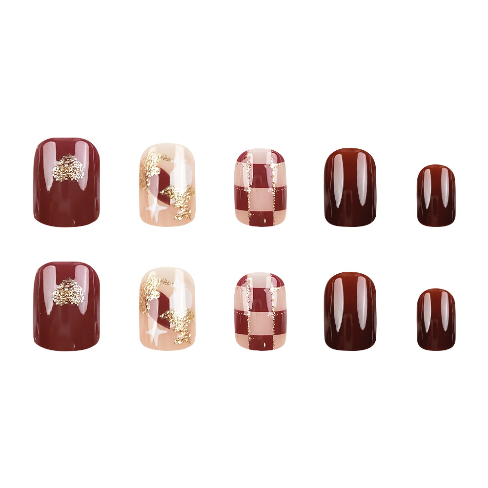 Use uñas vino rojo blanco tablero de tablero cuadrícula amor parche de uñas removible pieza de uñas falsas Día de San Valentín pieza de belleza de uñas