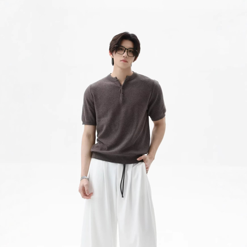 Henry Collar Short-Sleeve American Retro Style Knitted Cleanfit Men's Top Casual T-Shirt for Commuting