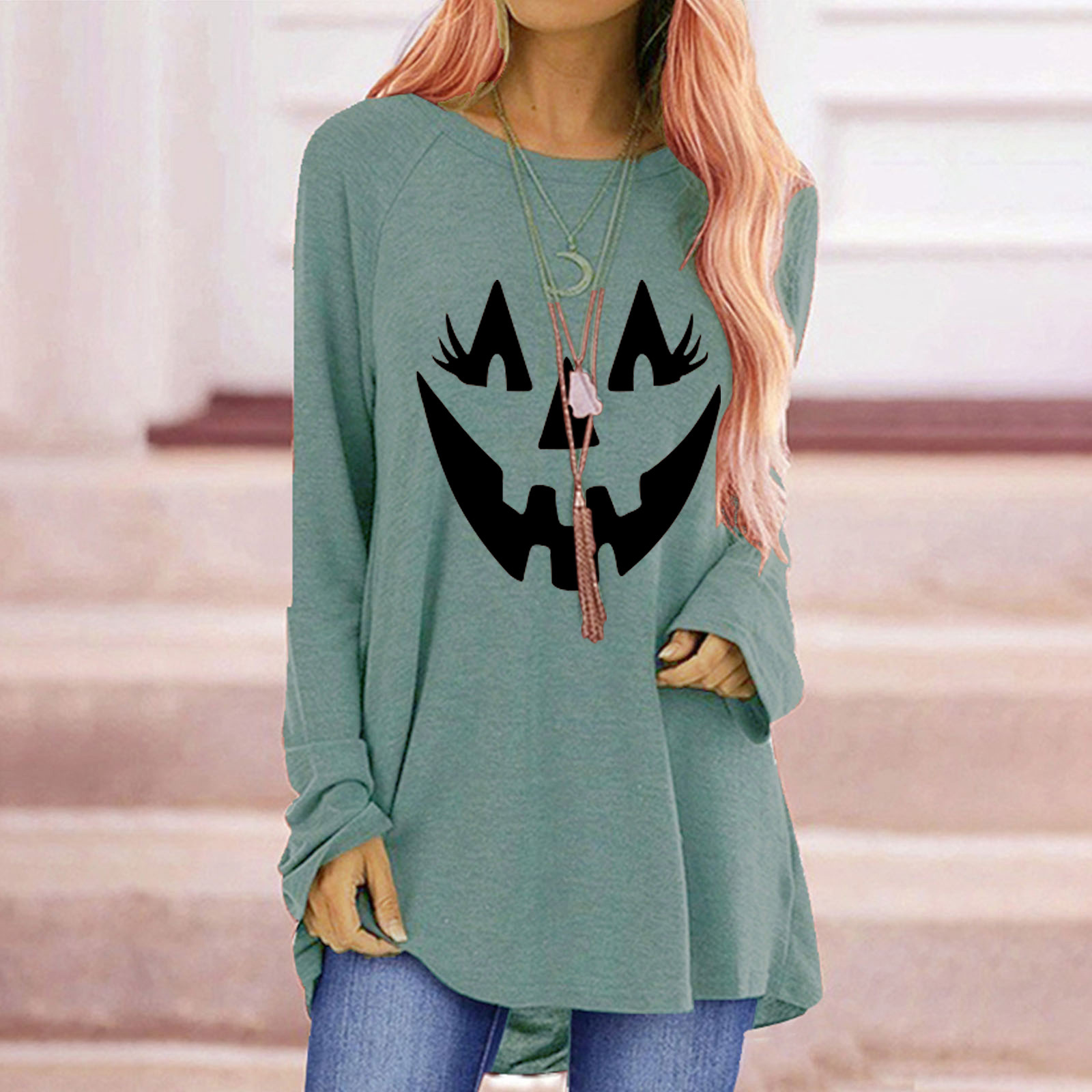 Women's T-shirt Long Sleeve T-shirts Printing Fashion Pumpkin Grimace display picture 12