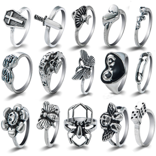 Korean jewelry industry AliExpress European and American knuckle rings hot-selling retro exaggerated gemstone combination set ring 16 sets