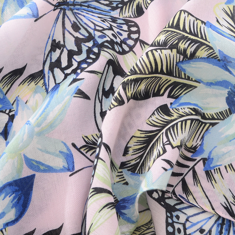 Bufanda de Primavera Verano protector solar chal largo bufanda de seda delgada hojas flores mariposa impresa algodón y lino sensación bufanda